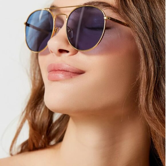 Le Specs Revolution Round Sunglasses Gold Frame Blue Lenses Retro Boho Festival - Picture 1 of 8